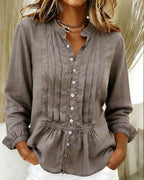 Ethyna - Pleated Button Down Peplum Blouse