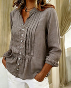 Ethyna - Pleated Button Down Peplum Blouse