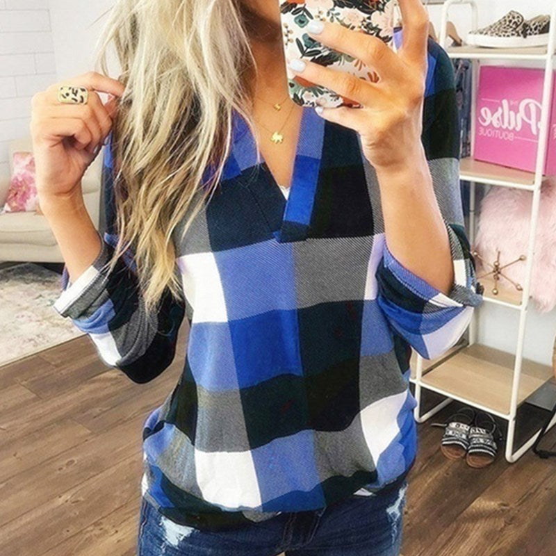 SAMIYA™ - Casual V-Neck Plaid Long Sleeve Blouse