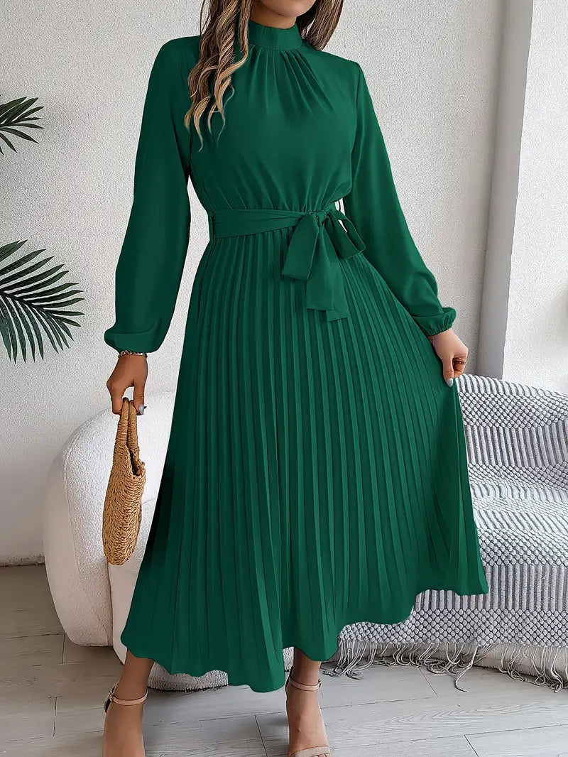 Elara™ | Elegant Pleated Midi Dress With Belt