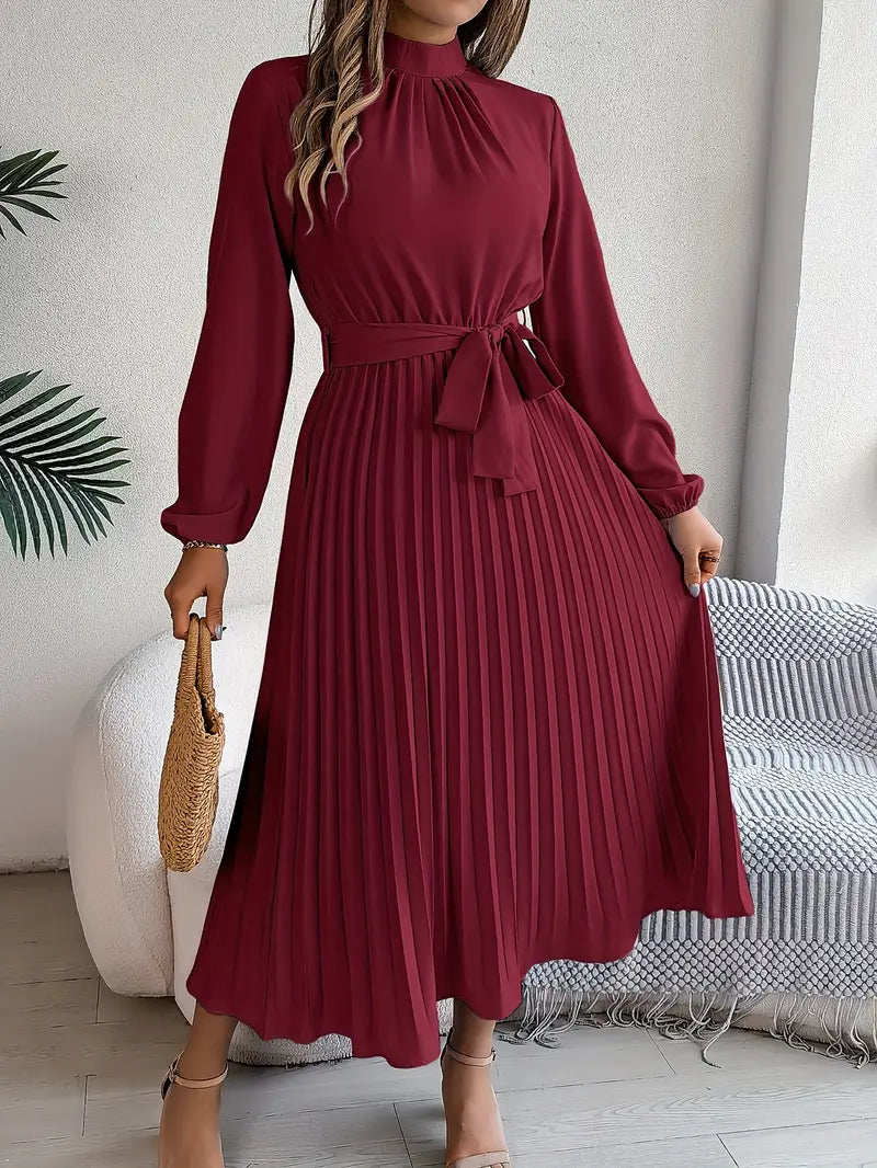 Elara™ | Elegant Pleated Midi Dress With Belt