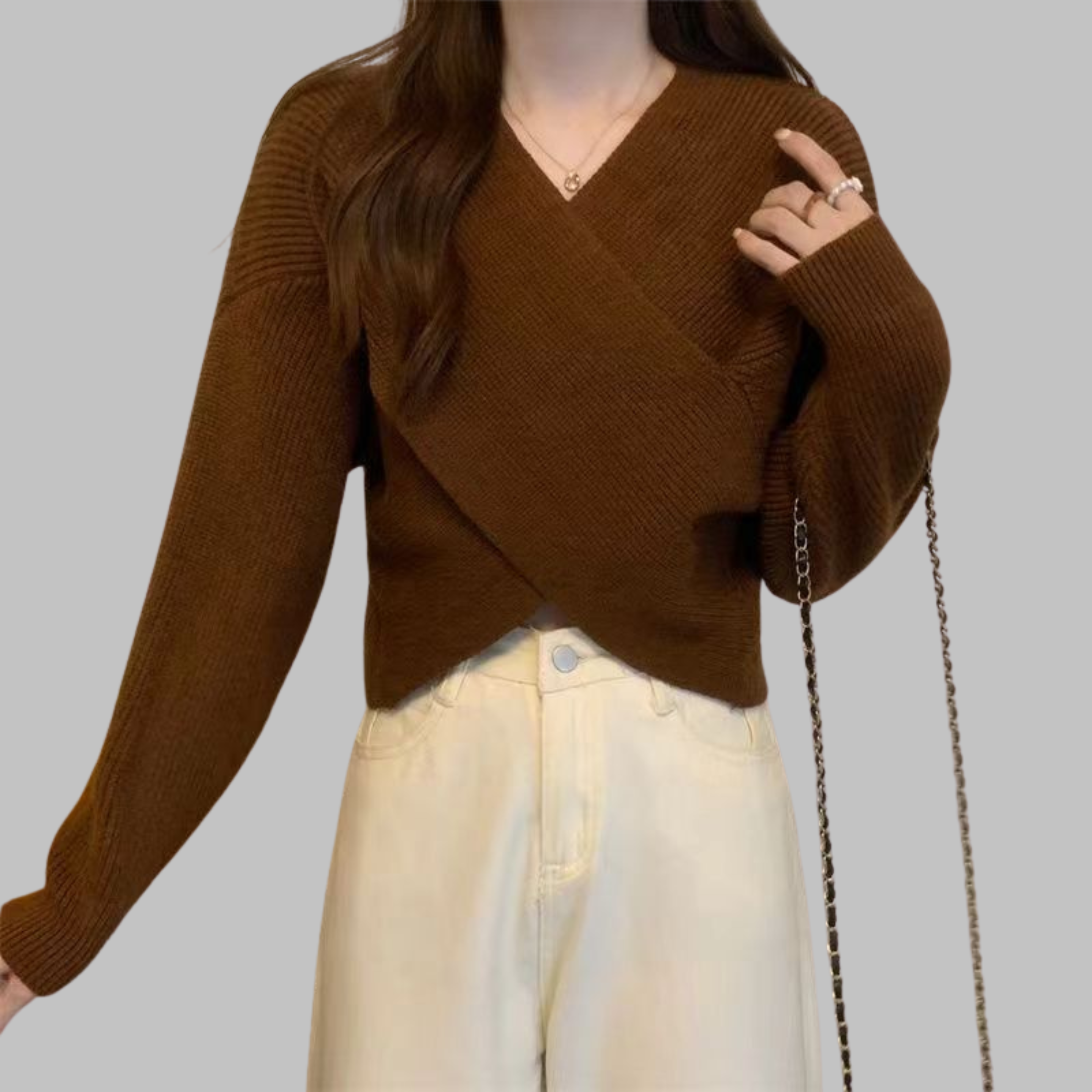 QUENNELL™ - Chic V-Neck Long Sleeve Wrap Front Sweater