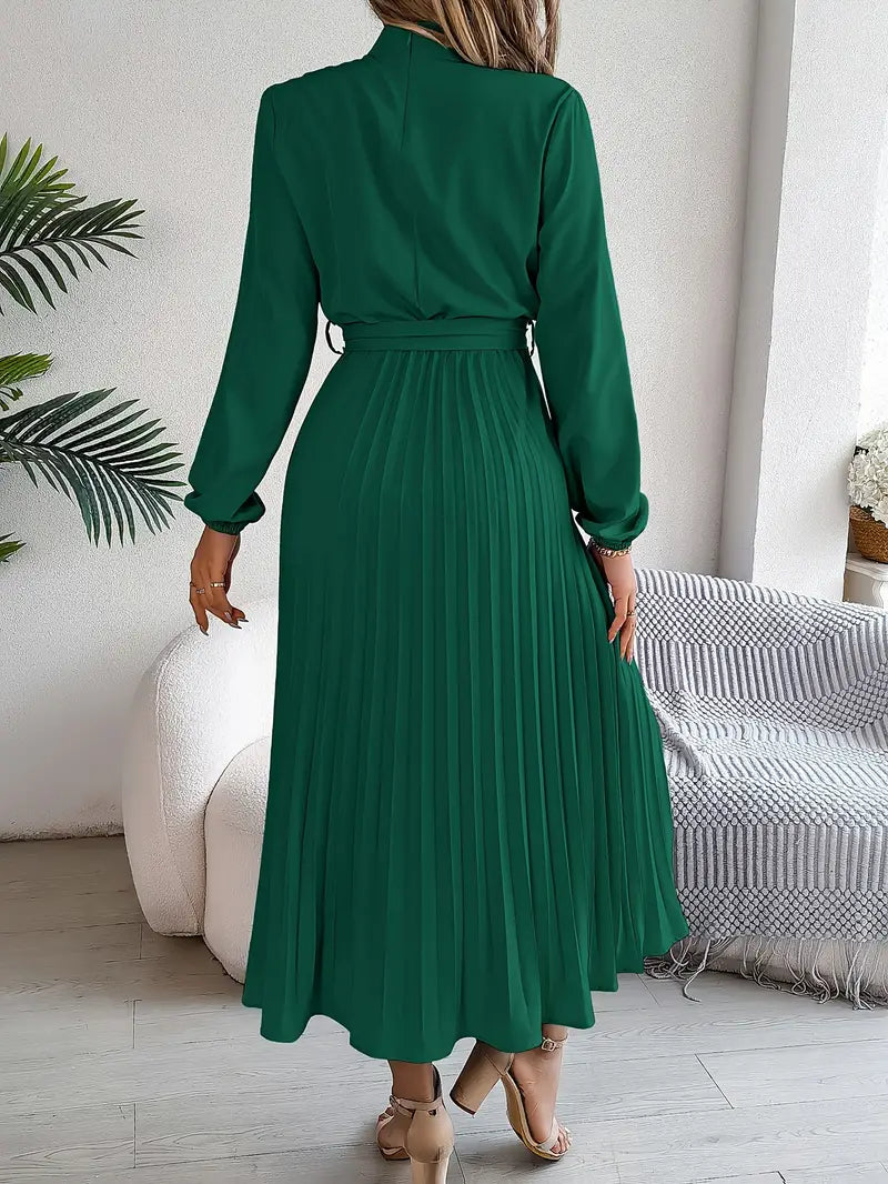 Elara™ | Elegant Pleated Midi Dress With Belt