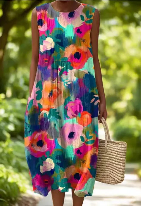 Amelia™ | Colorful Floral Linen Summer Dress