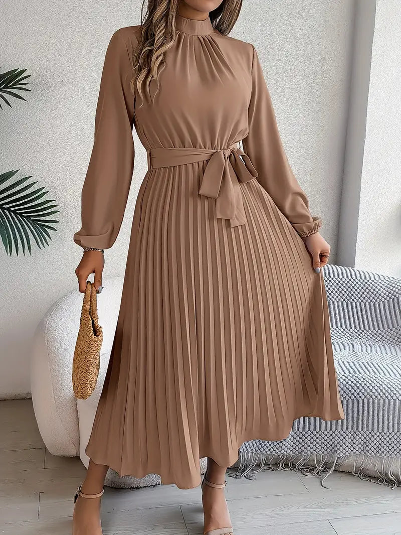 Elara™ | Elegant Pleated Midi Dress With Belt