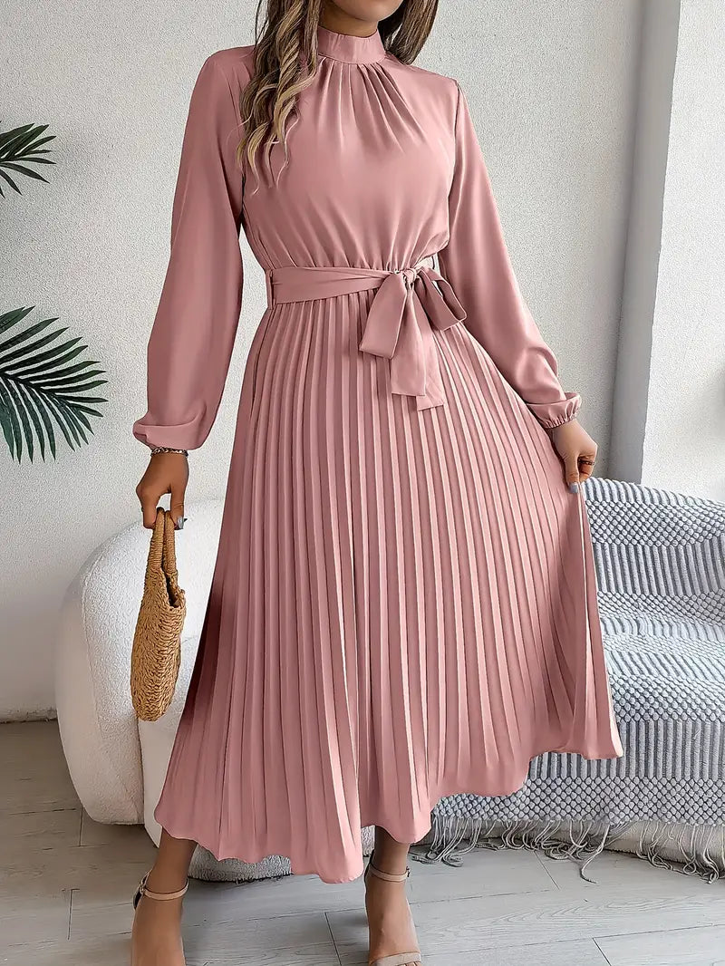 Elara™ | Elegant Pleated Midi Dress With Belt