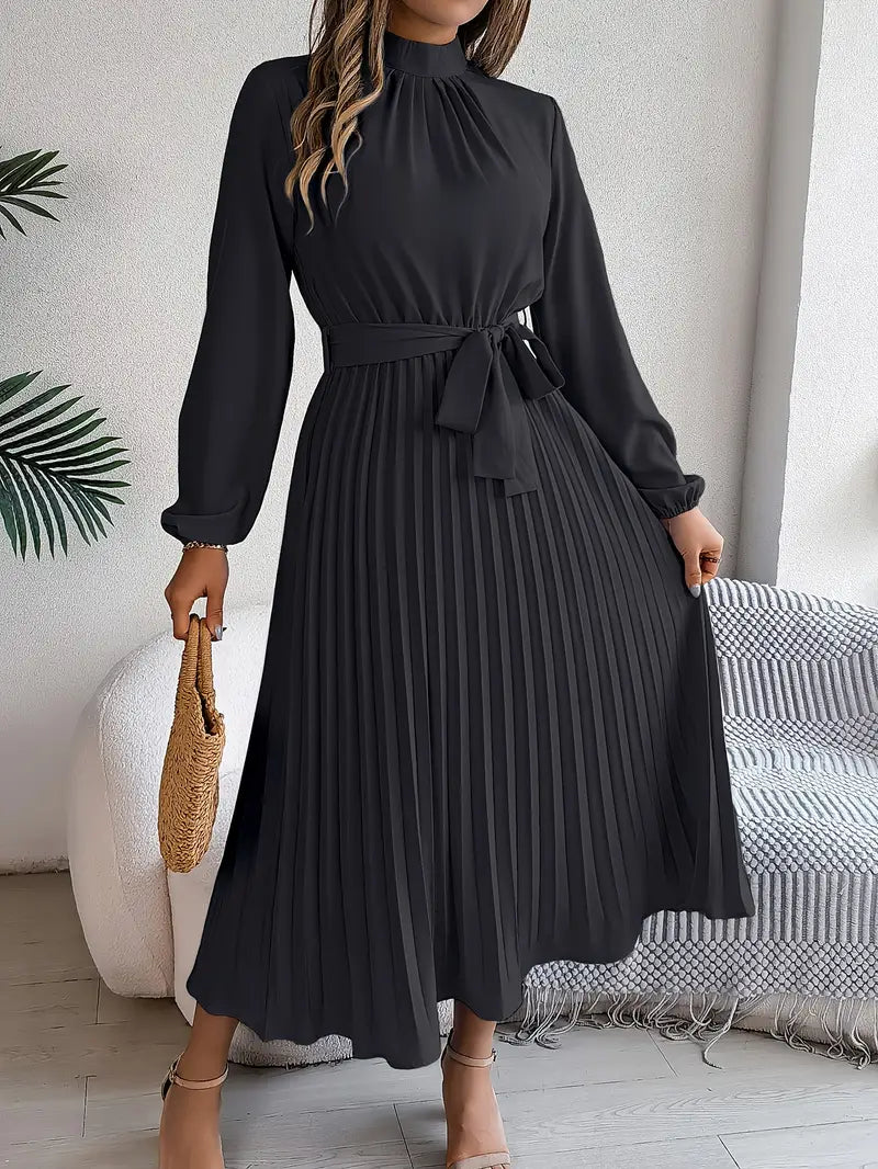 Elara™ | Elegant Pleated Midi Dress With Belt